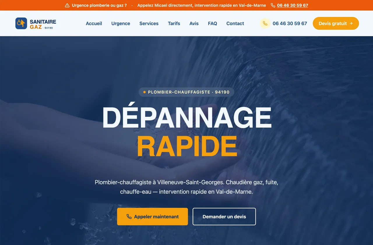 Aperçu d'un site web de plombier-chauffagiste réalisé par Bakpak